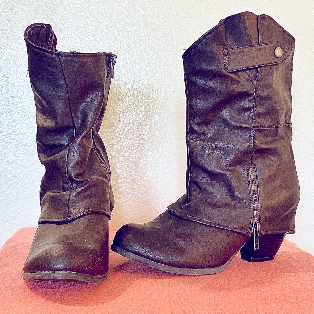 Womens SLOUCH MID-CALF BOOTS / 2" Heel / Brown / **Right Boot 8.5 Left Boot 8**
